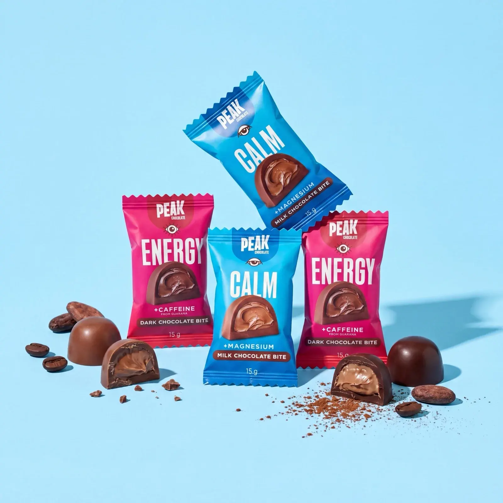 Peak Chocolate Energy and Calm chocolate bites with cacao beans