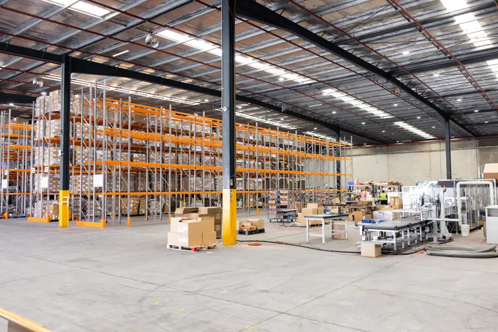Fulfilment Australia warehouse floor with pallet racking and packing stations