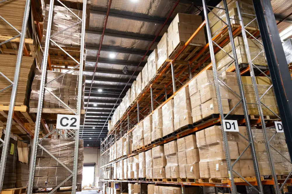 Pallet racking aisles with labelled bays in the Fulfilment Australia warehouse