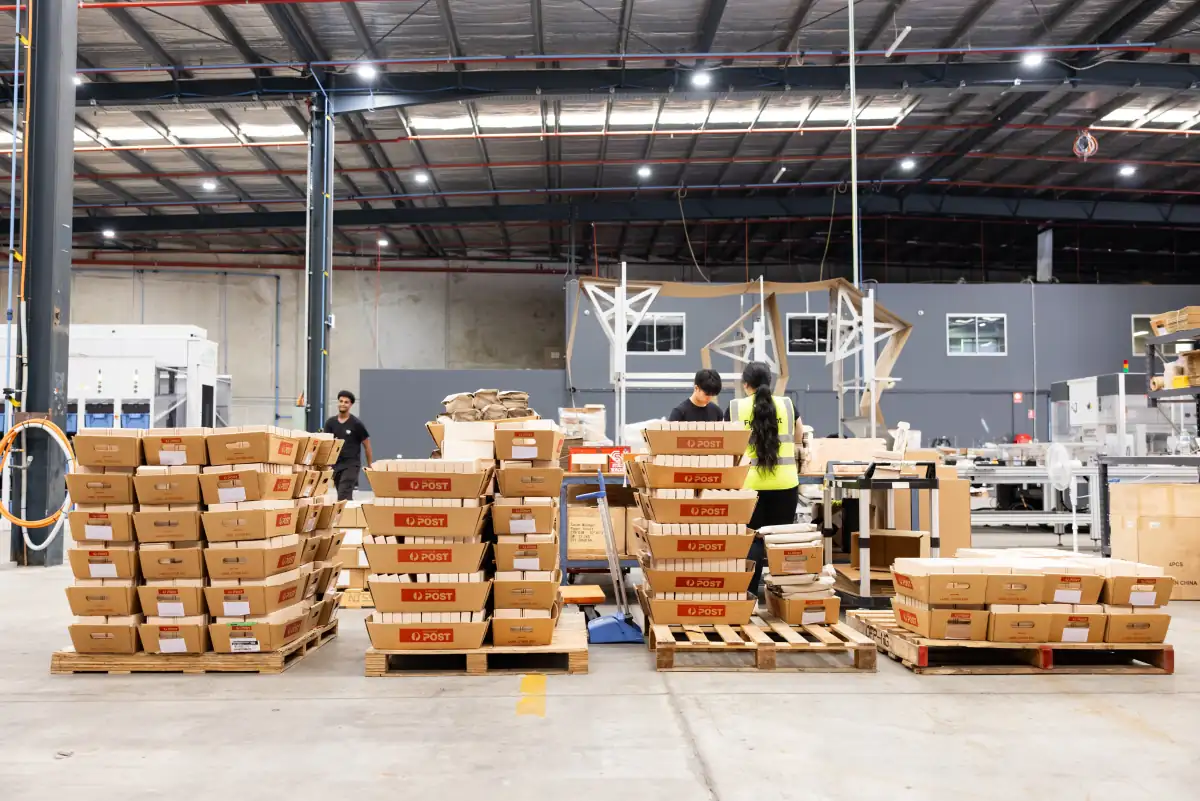 Pallets of packed AusPost despatch trays ready for collection at Fulfilment Australia