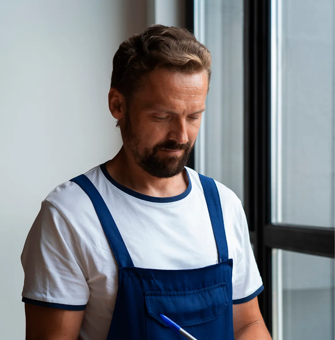 Ein Handwerker in blauer Latzhose repariert einen Schlauch mit einem Werkzeug in einer modernen Küche.