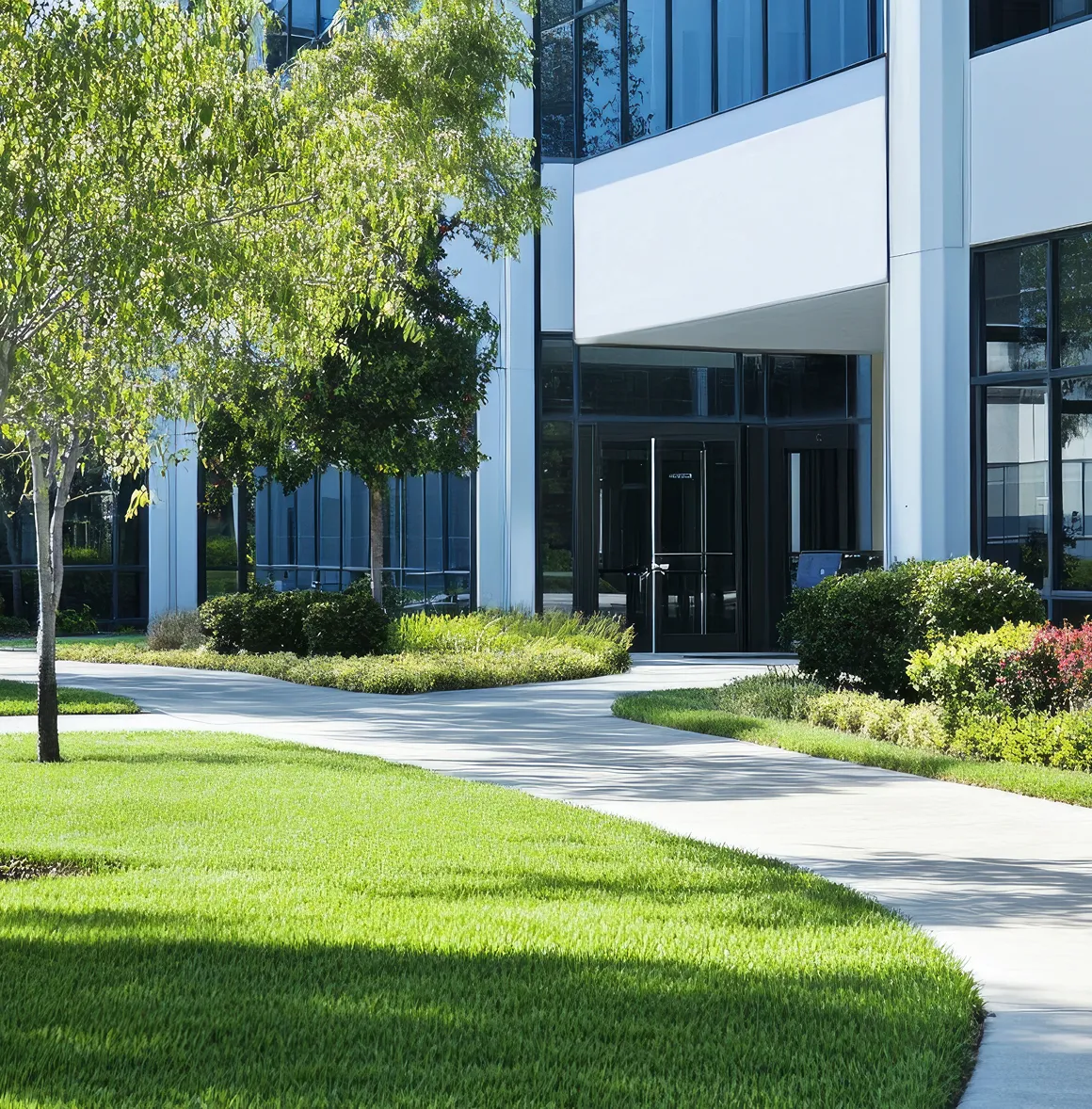 Modernes Bürogebäude mit Glasfenstern, begrüntem Außenbereich und geschwungenem Gehweg.