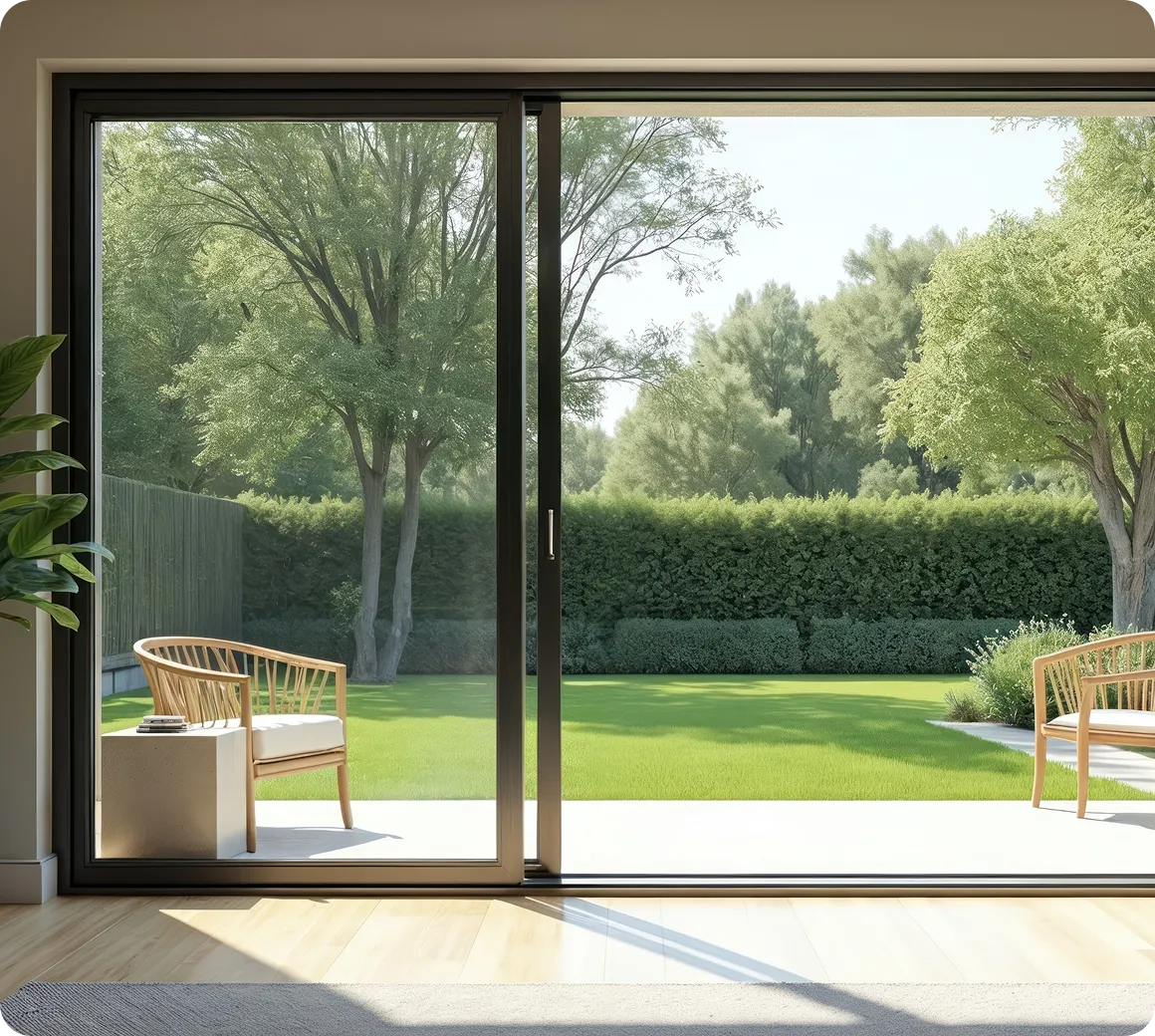 Blick durch große Glasschiebetüren auf einen Garten mit grünen Bäumen, einem Rasen und zwei Holzstühlen mit weißen Kissen auf einer Terrasse.