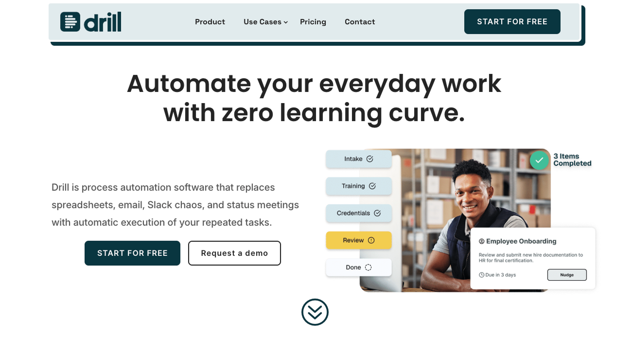 The Drill homepage at thedrill.co, headlined Automate your everyday work with zero learning curve.