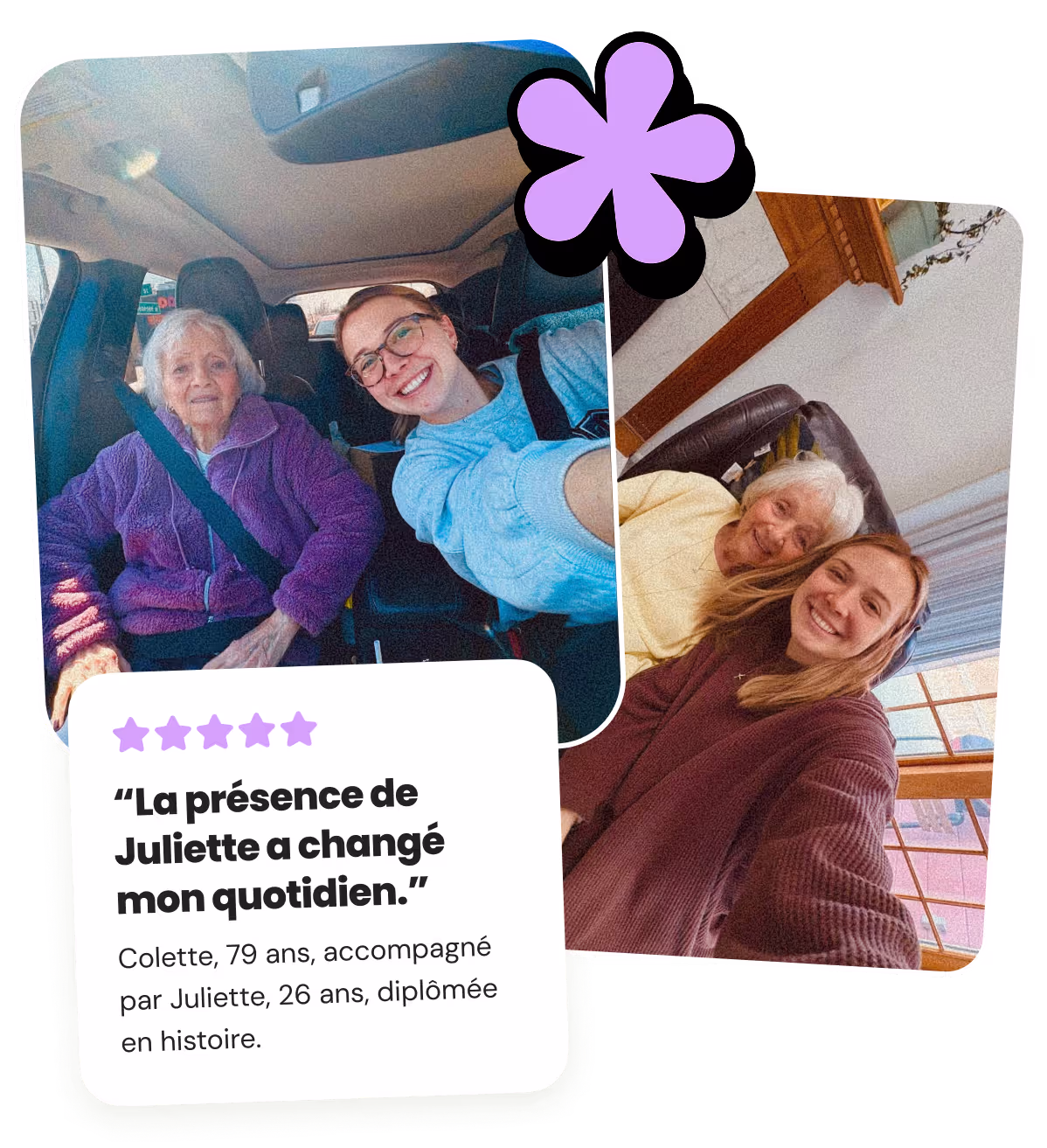 Young woman in pink jacket and blue shorts walking a golden retriever on a city street, and the same woman helping an elderly man in a purple tracksuit use a smartphone indoors.