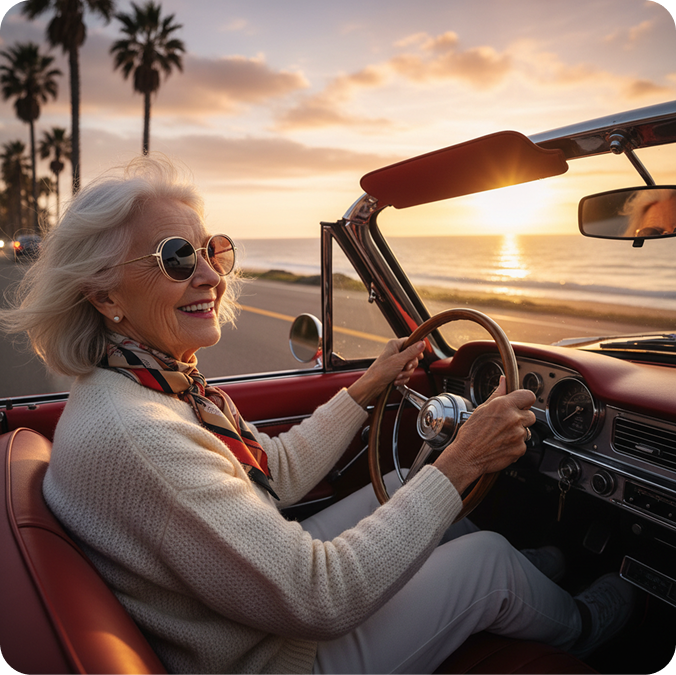 A young woman in a black blazer smiling and leaning her head toward an elderly man in glasses and a checked shirt sitting beside her outdoors.