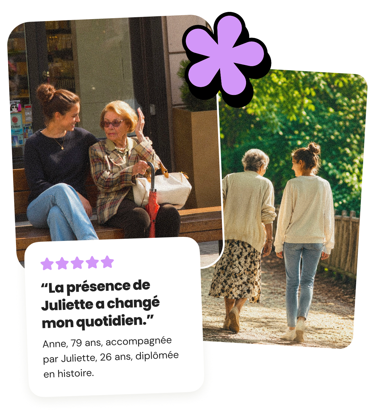 Young woman in pink jacket and blue shorts walking a golden retriever on a city street, and the same woman helping an elderly man in a purple tracksuit use a smartphone indoors.