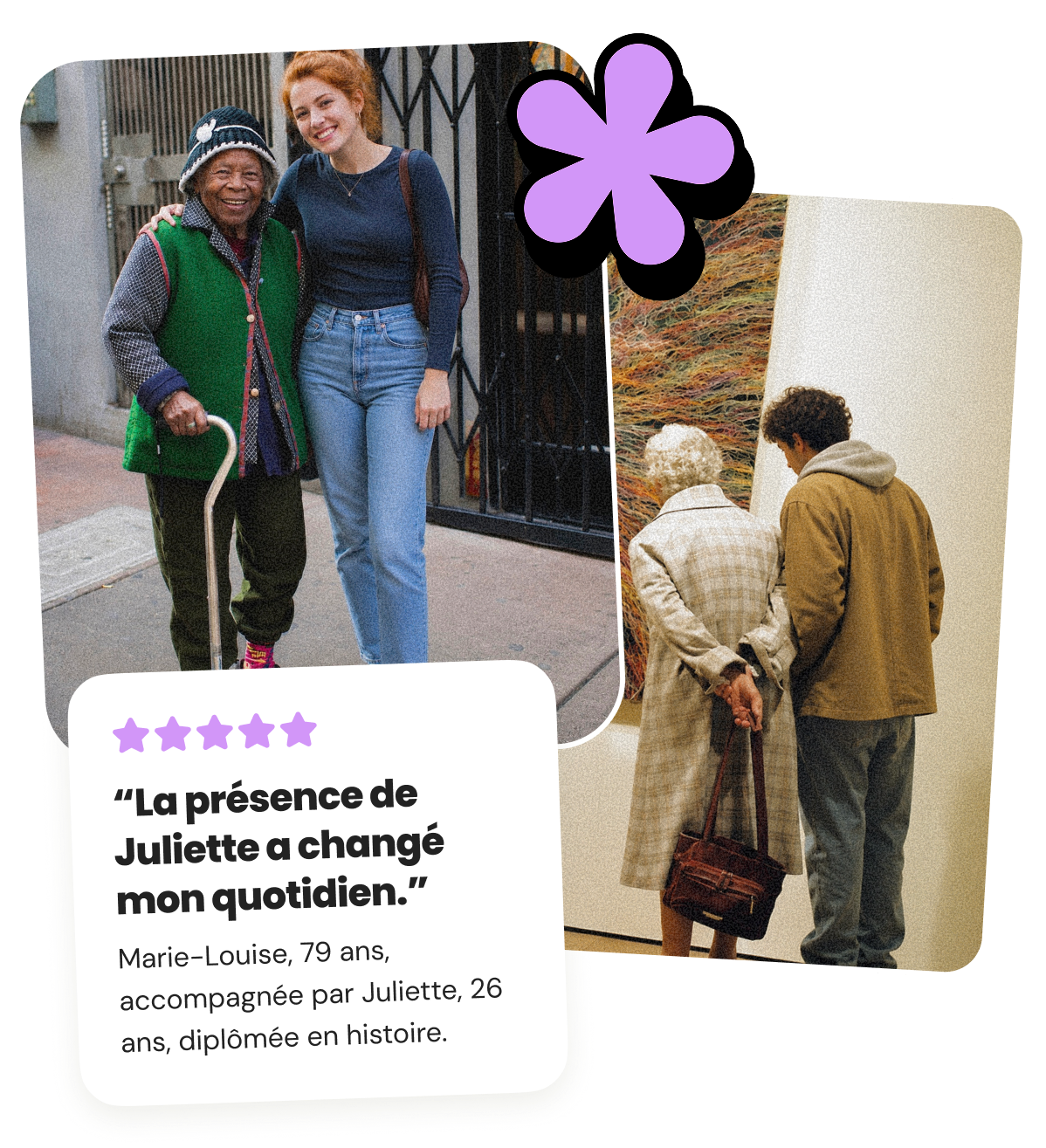 Young woman in pink jacket and blue shorts walking a golden retriever on a city street, and the same woman helping an elderly man in a purple tracksuit use a smartphone indoors.