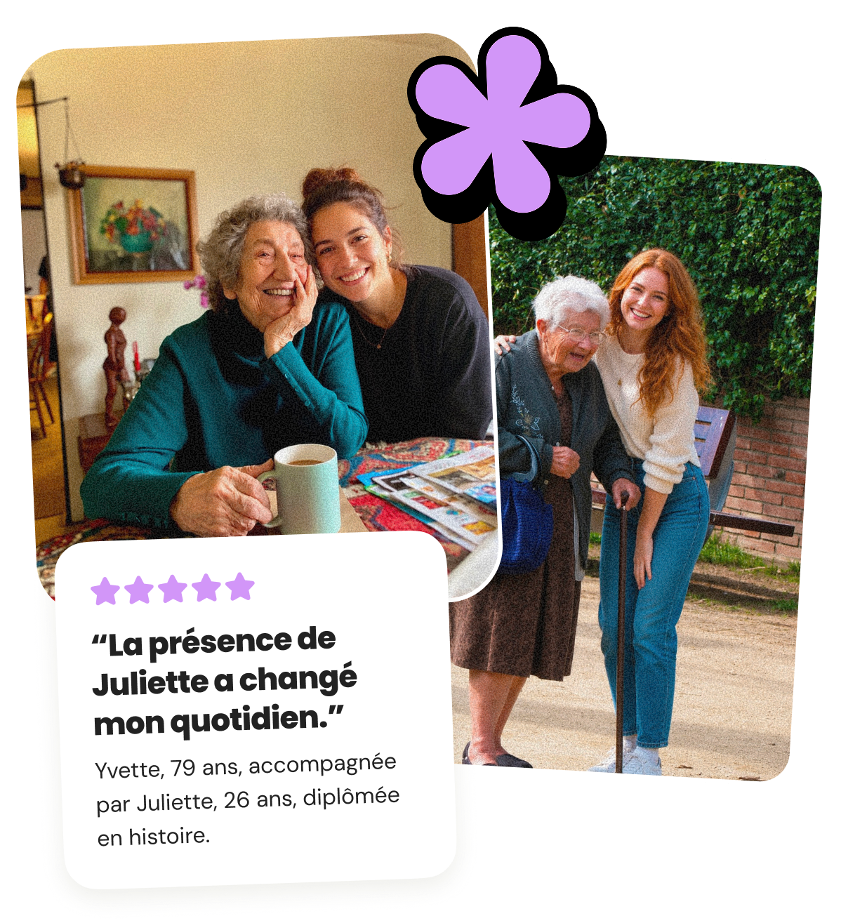 Young woman in pink jacket and blue shorts walking a golden retriever on a city street, and the same woman helping an elderly man in a purple tracksuit use a smartphone indoors.