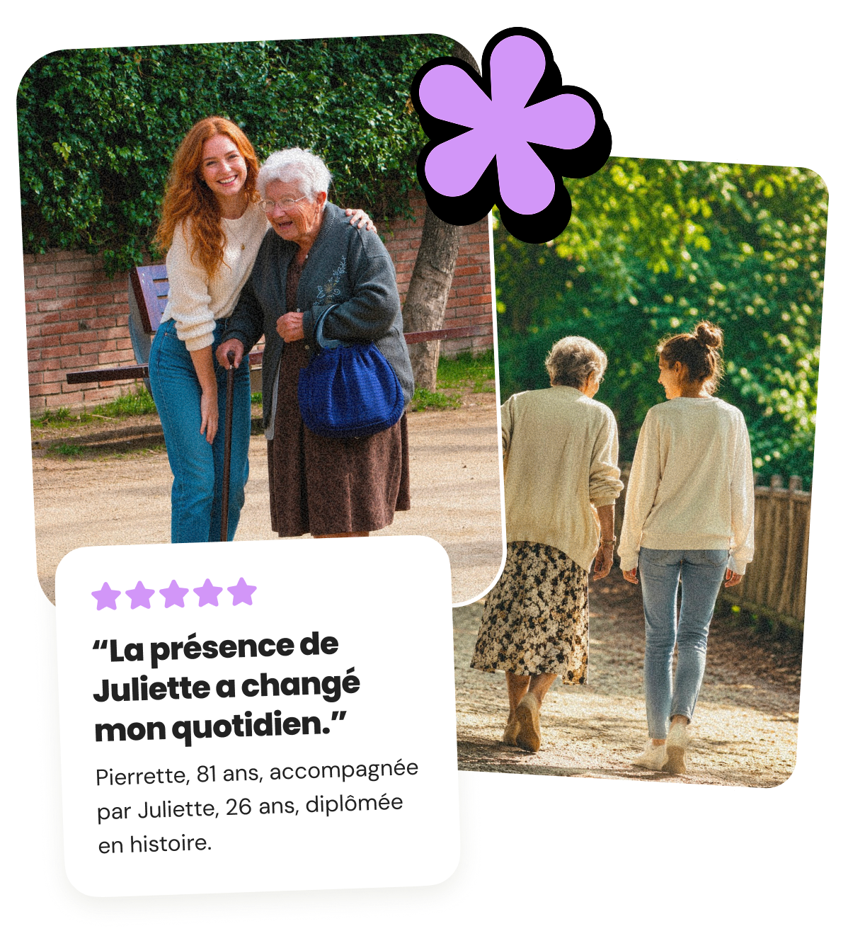 Young woman in pink jacket and blue shorts walking a golden retriever on a city street, and the same woman helping an elderly man in a purple tracksuit use a smartphone indoors.