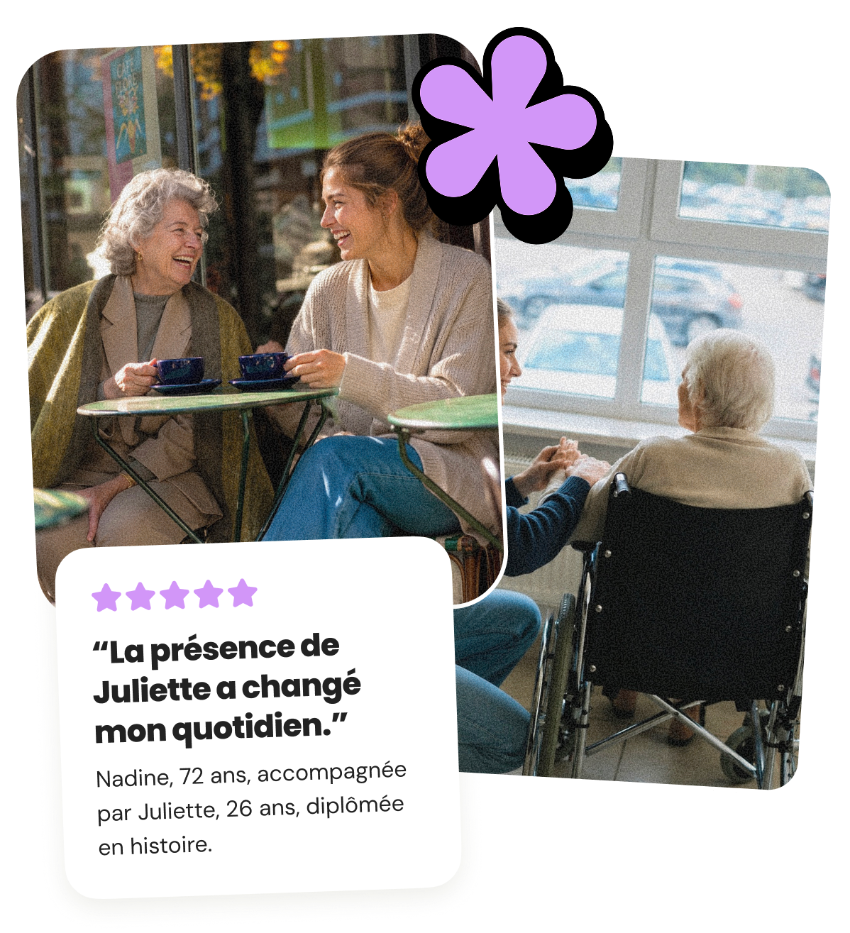 Young woman in pink jacket and blue shorts walking a golden retriever on a city street, and the same woman helping an elderly man in a purple tracksuit use a smartphone indoors.
