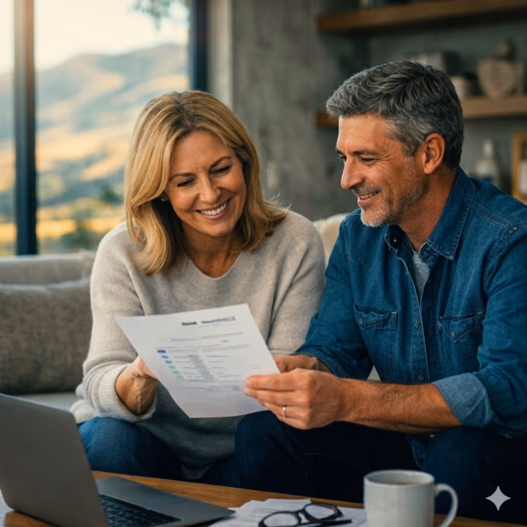 Smiling middle-aged couple sitting close together on a couch indoors.