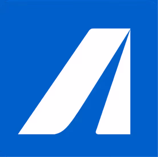 White stylized letter A logo on a blue square background.