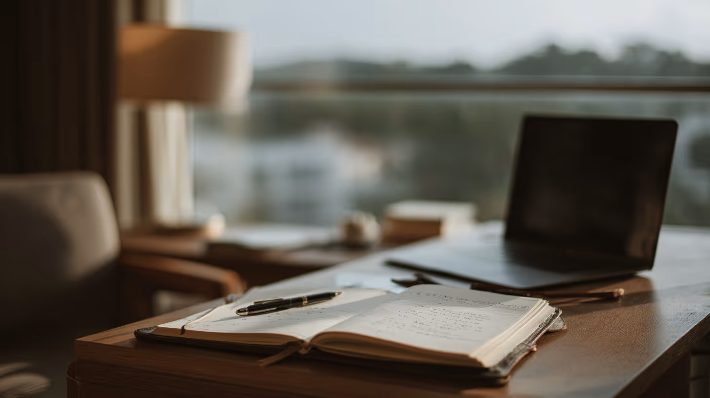 Open notebook with handwritten notes and a pen on a wooden desk beside a closed laptop in soft natural light.