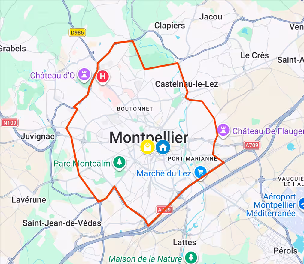 Carte de Montpellier avec la zone de livraison Marius
