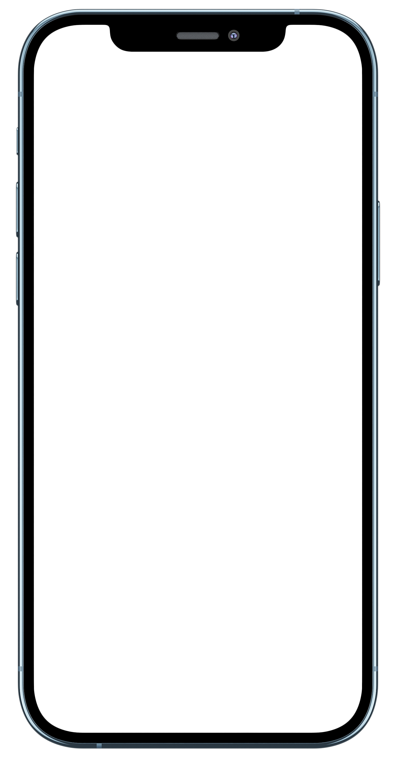 Front view of a modern iPhone with a black screen and blue edges.