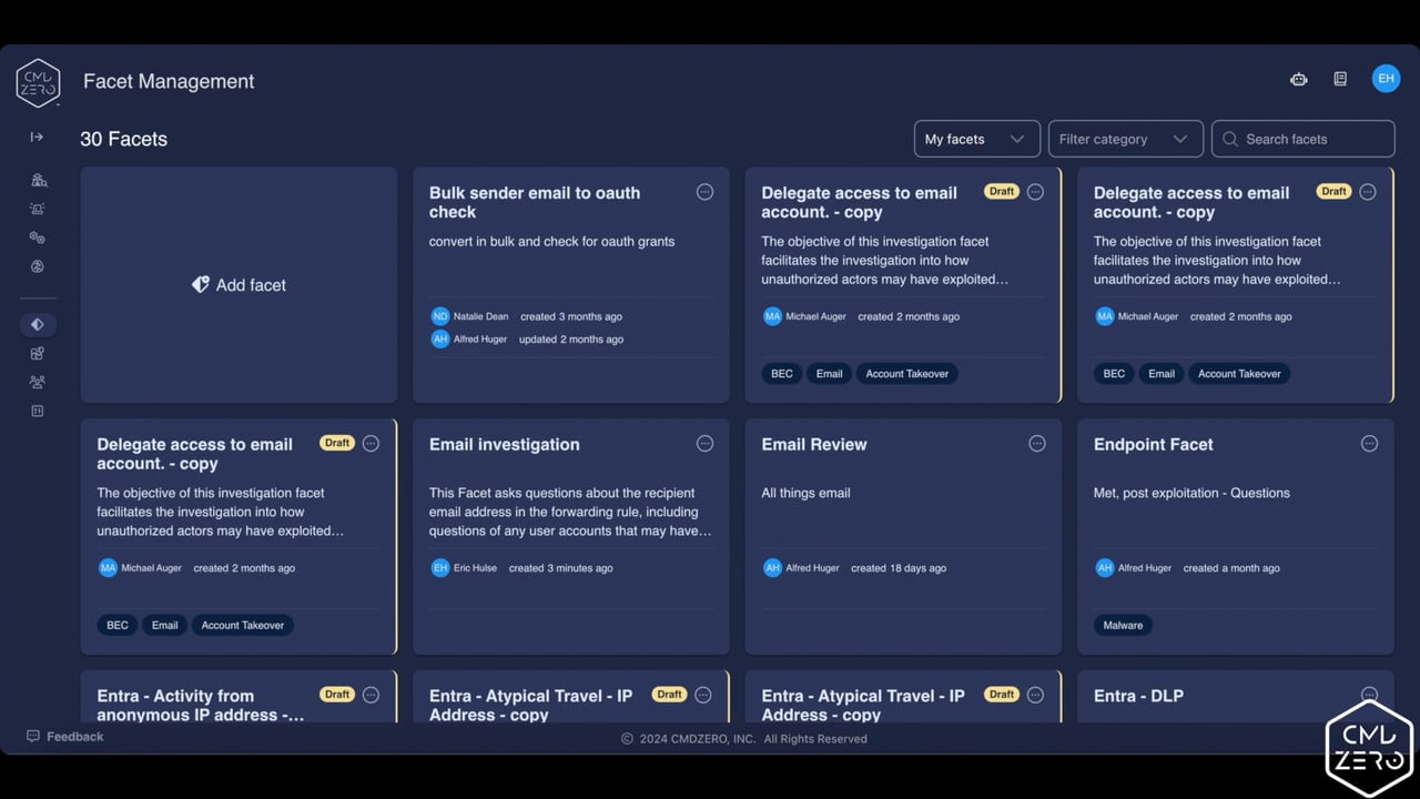 Facets (dynamic playbooks) help improve speed and consistency of cyber investigations. These sequences also serve as a guide for analysts. This video covers an overview of how to build (no-code) and use facets on the Command Zero platform.