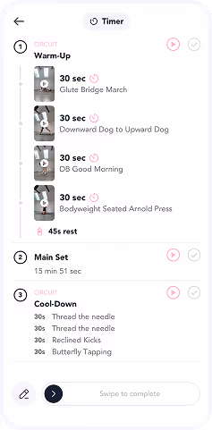 Screenshot of the app showing a list of workouts