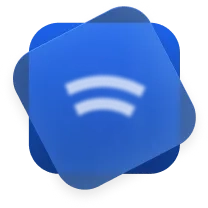Blue app icon with two curved white signal waves in the center.