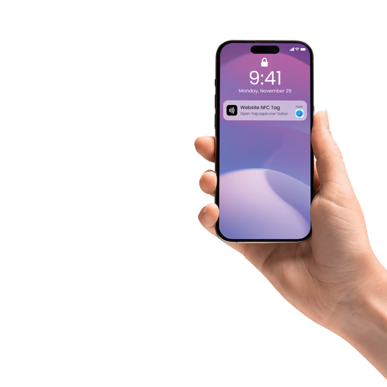 Hand holding a smartphone displaying a lock screen with a notification for a Website NFC Tag to open in Safari.
