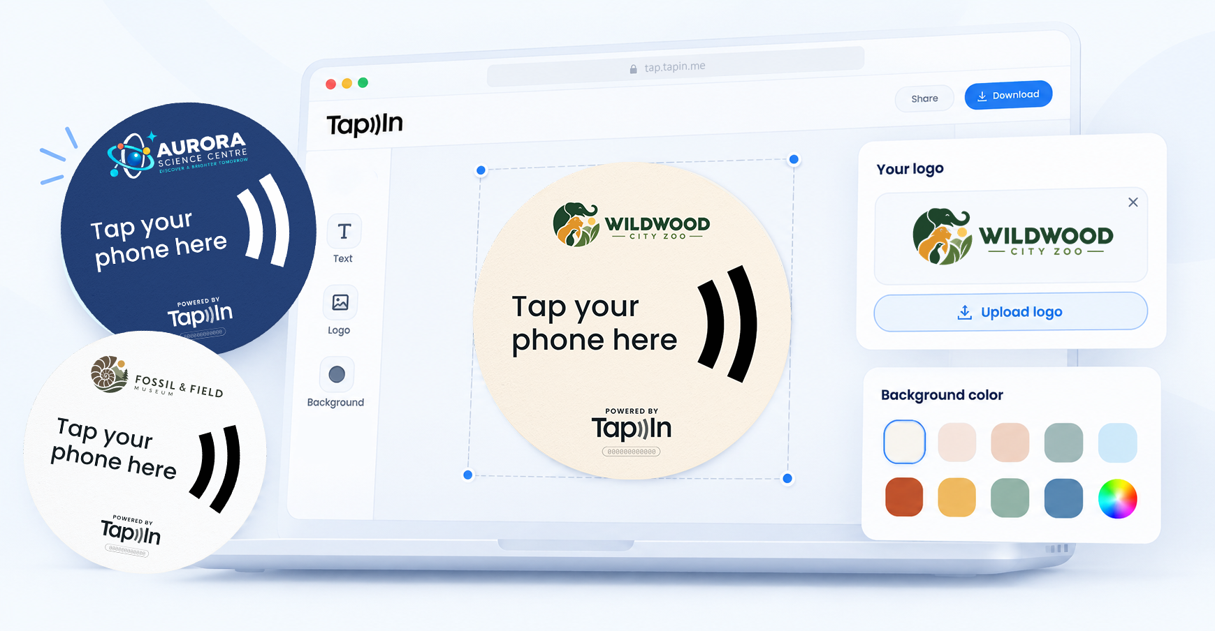 Hand holding a smartphone above a black device with 'TapIn' logo for contactless interaction.