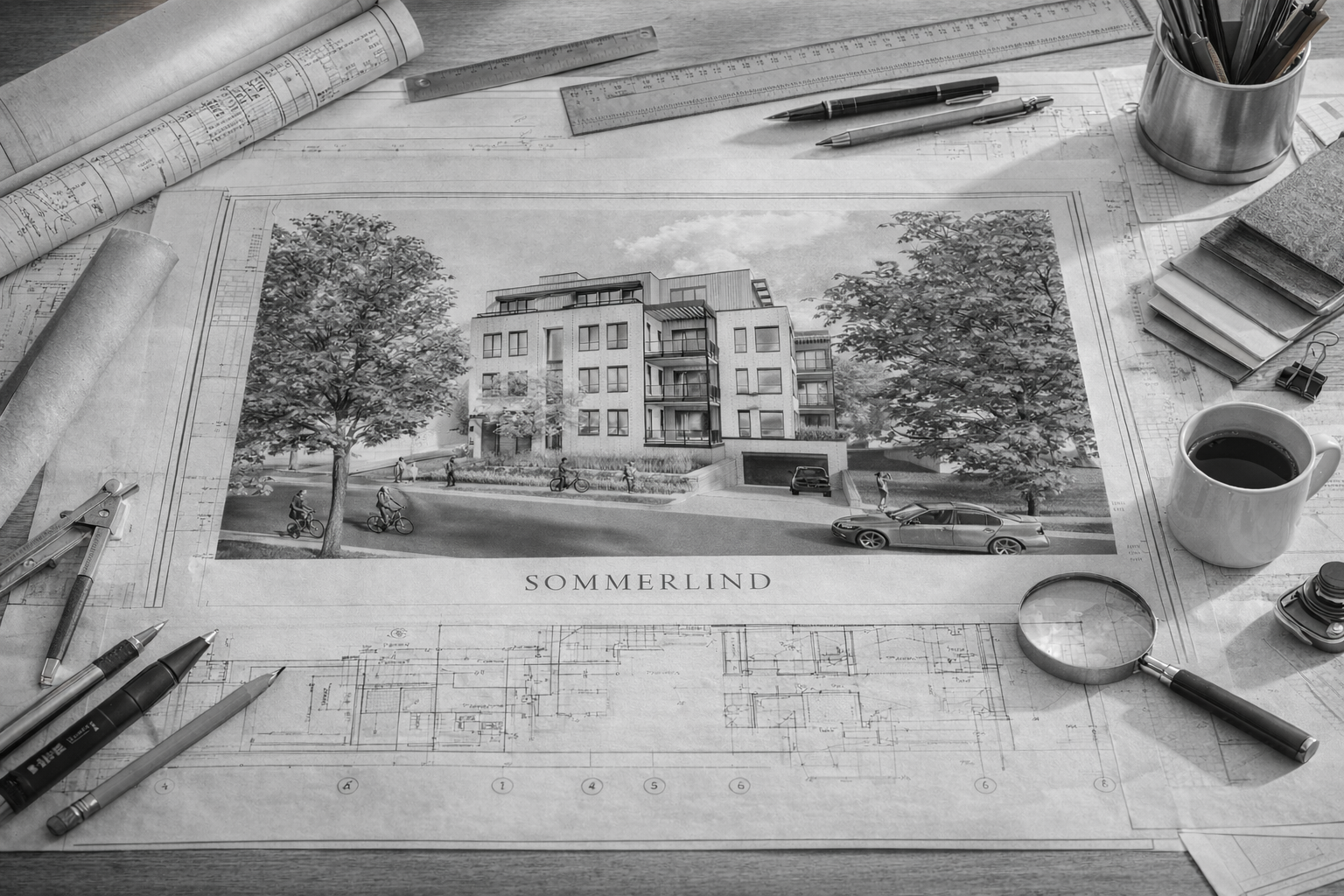 Architectural blueprint of a modern residential building labeled Sommerlind, surrounded by drafting tools, pens, magnifying glass, books, and a coffee cup.