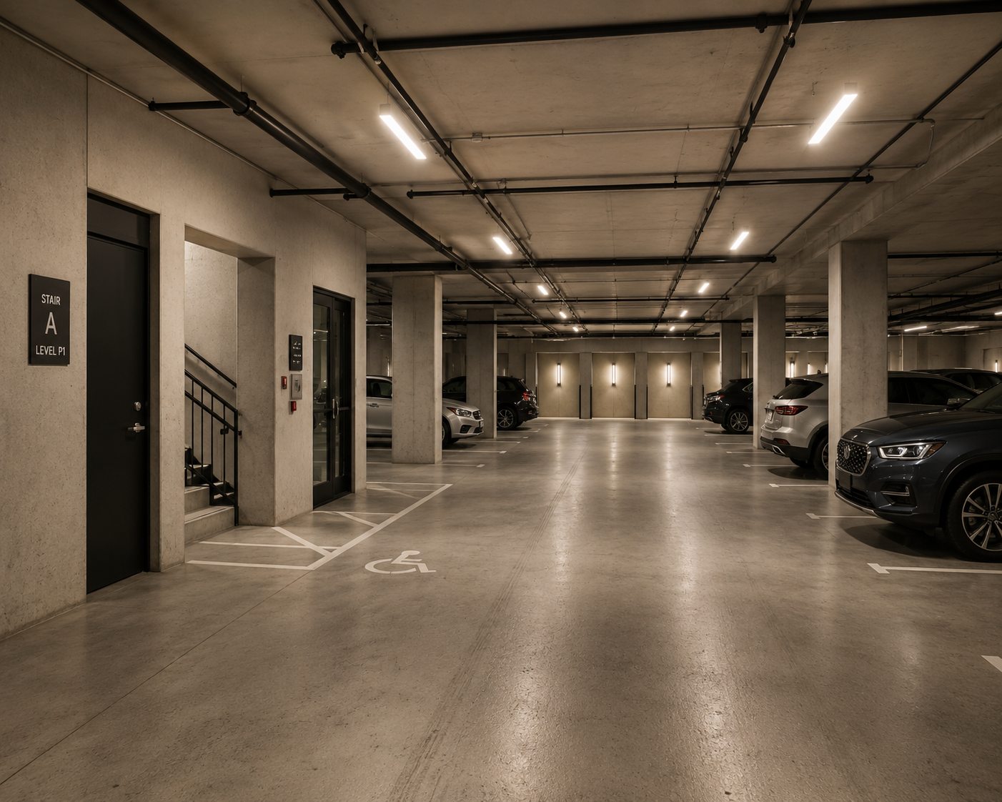 Empty indoor parking garage with numbered white pillars and marked parking spaces.