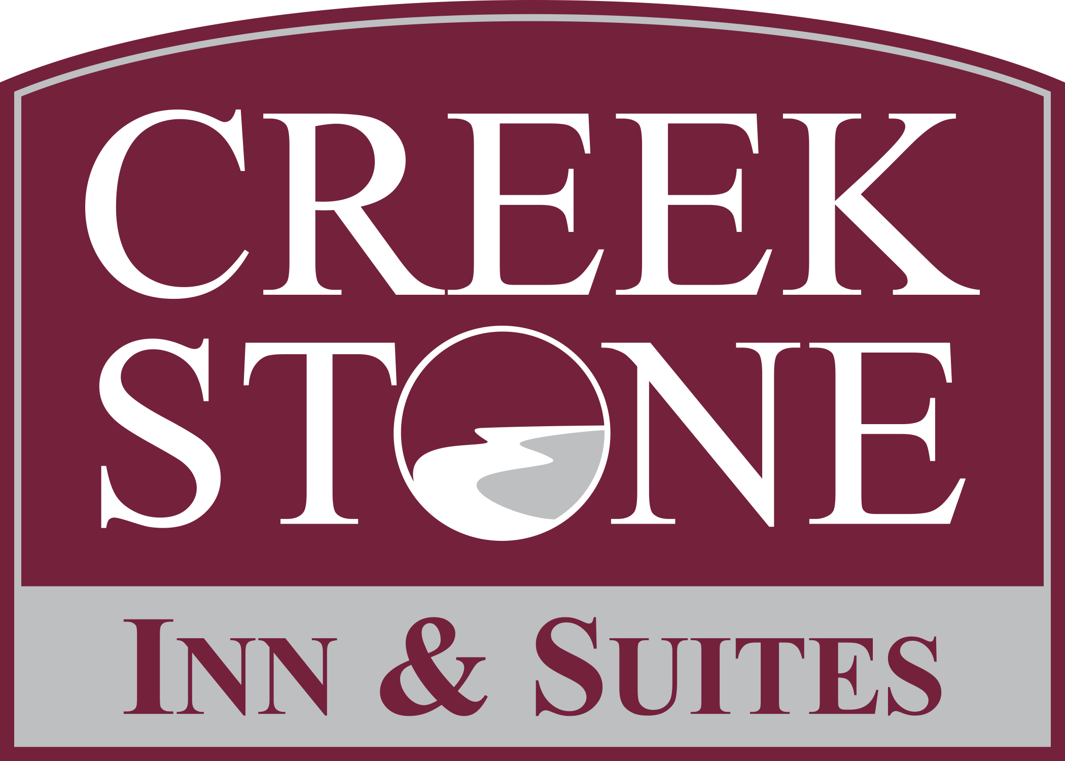 Creekstone Inn & Suites logo with a white river graphic inside the letter O on a maroon and gray background.