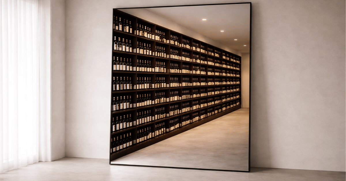 Minimalist room with a large standing mirror reflecting a dense wall of wine bottles, creating a stark contrast between a clean, empty space and the overwhelming reality of a saturated retail environment.