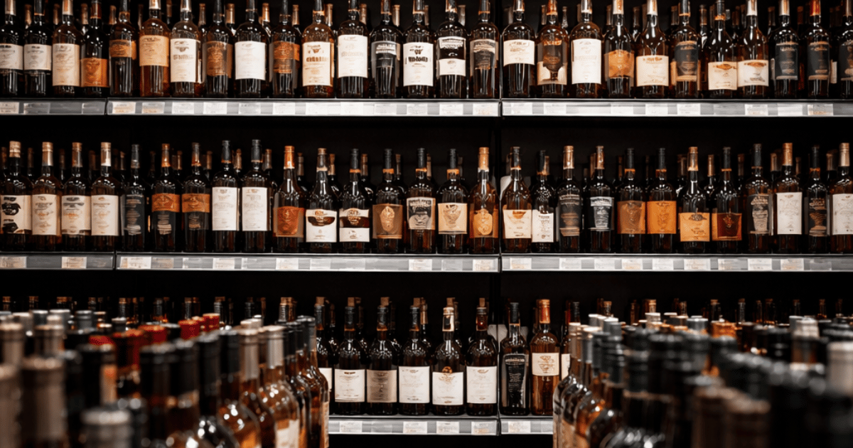 Overcrowded retail shelf filled with rows of wine and spirits bottles, tightly packed with minimal differentiation, conveying saturation and intense competition in the beverage market.