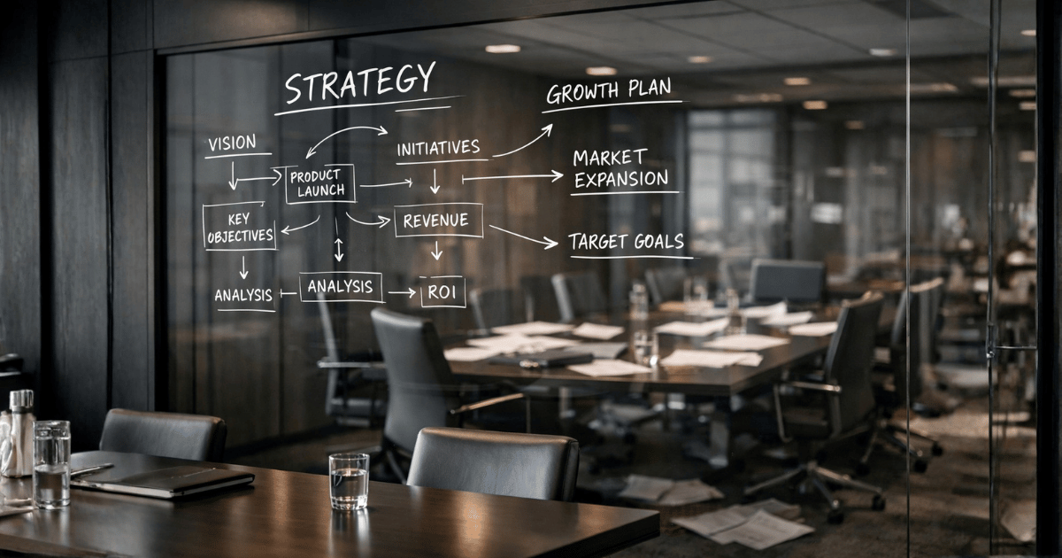 Modern boardroom with a glass wall covered in neatly drawn strategy diagrams and business terms, while the reflected room behind appears disorganized with scattered papers and chairs—highlighting the contrast between polished planning and messy execution.