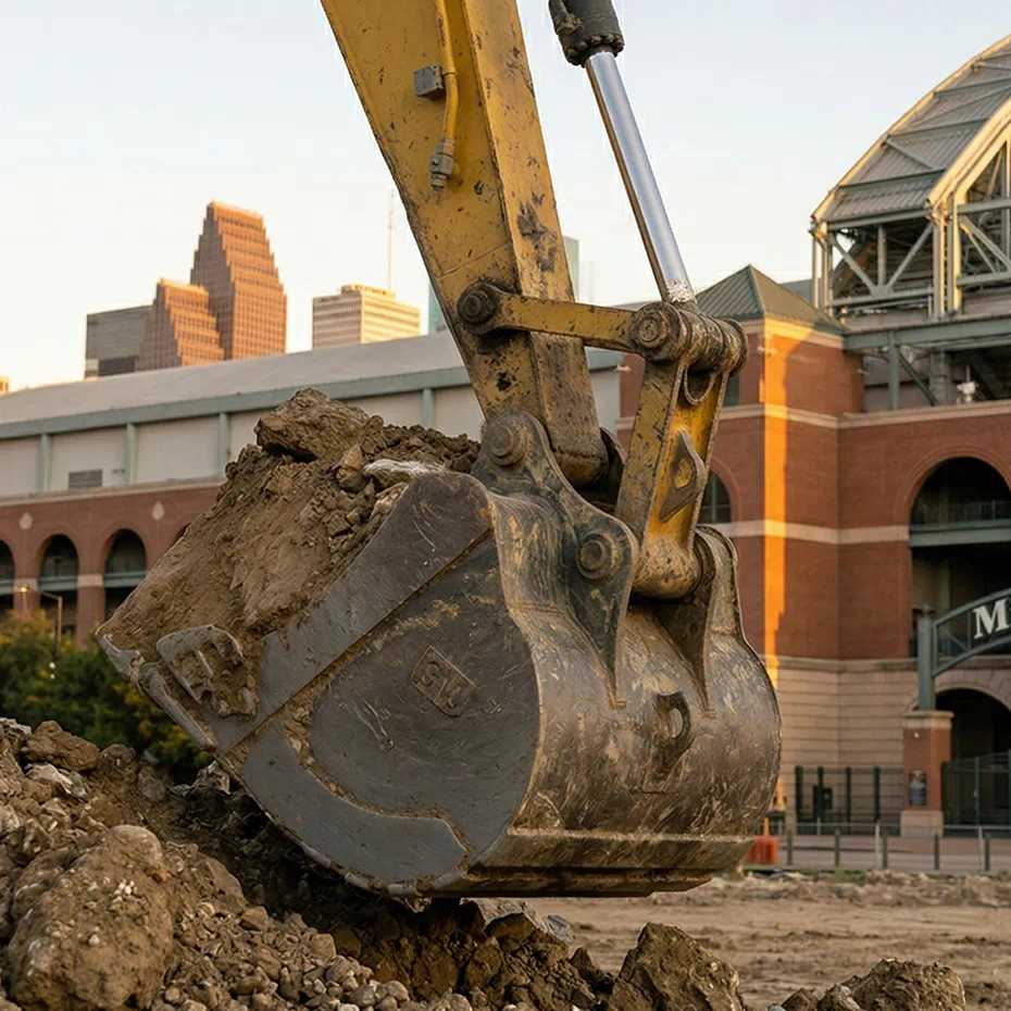 Excavator bucket lifting a large clump of dirt at a construction site with city buildings in the background.