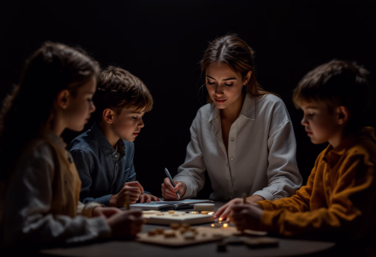 image of volunteer teaching children