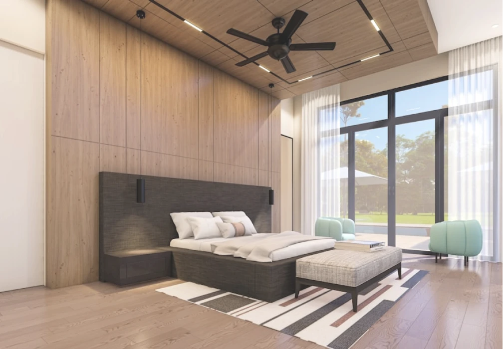 A high-end interior architectural rendering of a modern bedroom with wood paneling and a large window.