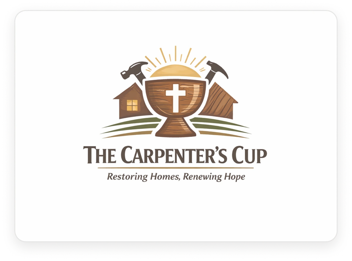 The logo for The Carpenter's Cup featuring a chalice, cross, hammers, and house silhouettes.