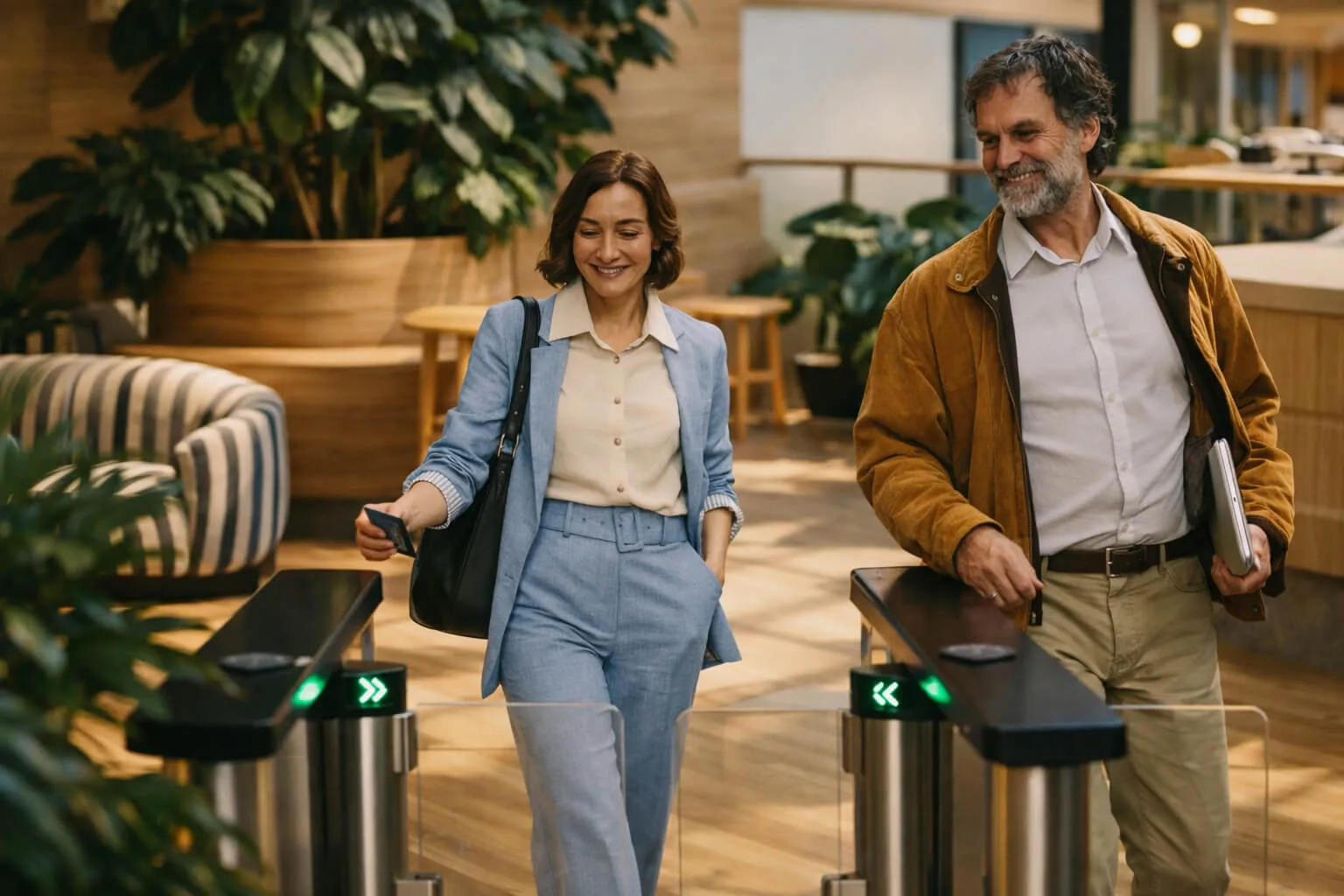 Smiling woman in blue suit scanning card at an office entrance while a man in a brown jacket walks beside her.