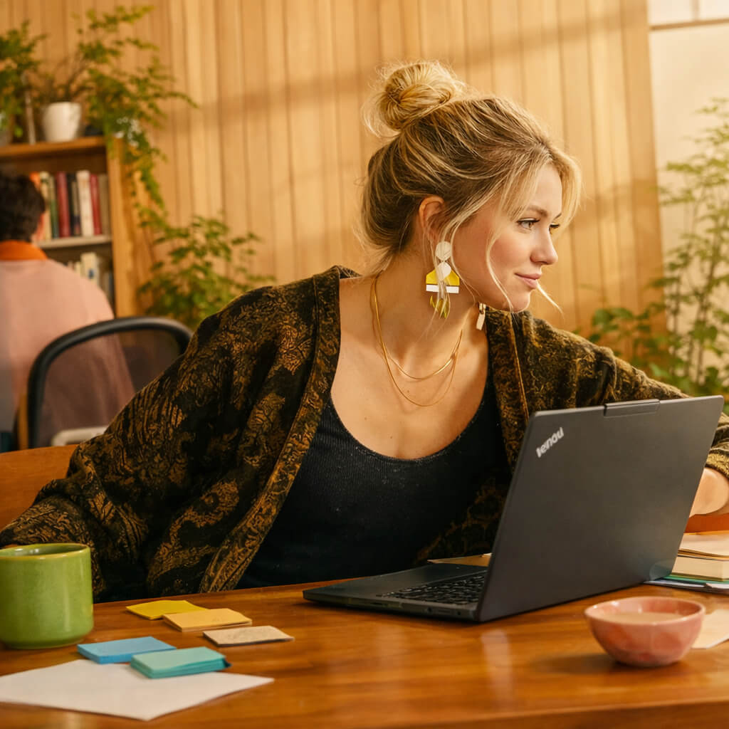 Woman with blonde hair in a bun sitting at a wooden table using a Lenovo laptop surrounded by colorful sticky notes and a green mug.