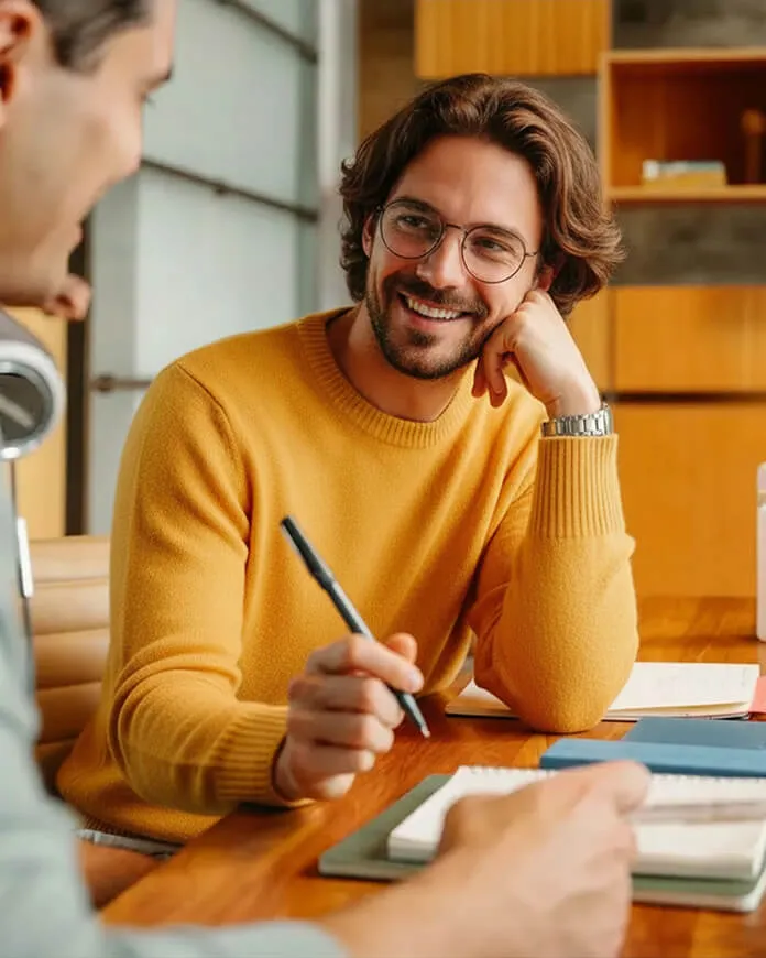 Smiling man in a mustard sweater and glasses holding a pen, conversing with another person at a wooden table with notebooks.