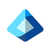 Abstract geometric logo with overlapping light blue and dark blue diamond shapes.