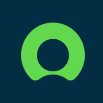 Green circular shape logo with a smaller circular cutout at the bottom center on dark blue background.