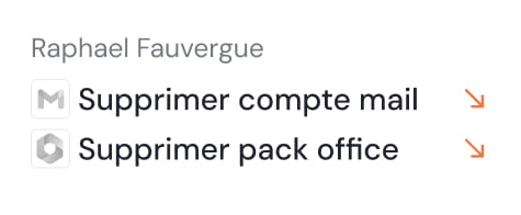 User interface displaying options to delete email account and office pack for Raphael Fauvergue.