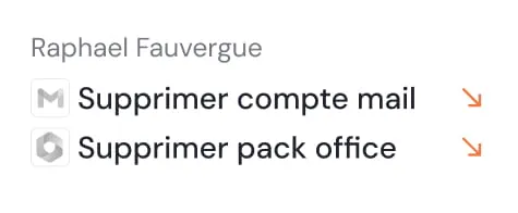 User interface displaying options to delete email account and office pack for Raphael Fauvergue.