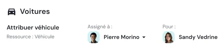 Interface section titled 'Voitures' with vehicle assignment details showing Pierre Morino assigned and Sandy Vedrine as the recipient.