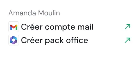 List displaying 'Amanda Moulin' with two options: 'Créer compte mail' with a Gmail icon and arrow, and 'Créer pack office' with an Office icon and arrow.