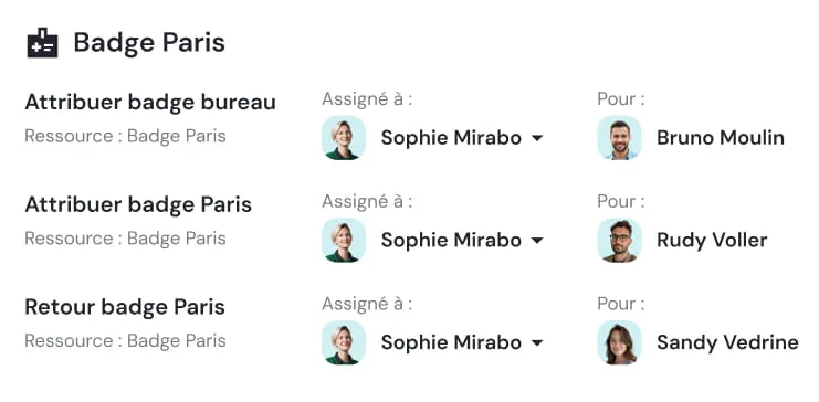 Task list titled Badge Paris showing three assignments with Sophie Mirabo as assigner and Bruno Moulin, Rudy Voller, and Sandy Vedrine as assignees, each with profile pictures.