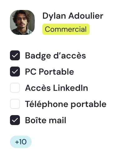 Profile picture of Dylan Adoulier with a 'Commercial' badge and checklist showing access badge, laptop, and mailbox checked; LinkedIn access and mobile phone unchecked; plus 10 more items.