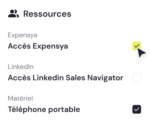 Checklist under Resources with three items: Expensya access checked, LinkedIn Sales Navigator access unchecked, and Mobile phone checked.
