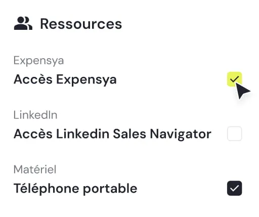 Checklist under Resources with three items: Expensya access checked, LinkedIn Sales Navigator access unchecked, and Mobile phone checked.