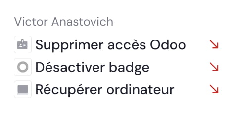 User menu for Victor Anastovich with options to delete Odoo access, deactivate badge, and recover computer, each with right arrow icons.
