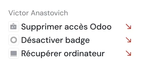 User menu for Victor Anastovich with options to delete Odoo access, deactivate badge, and recover computer, each with right arrow icons.
